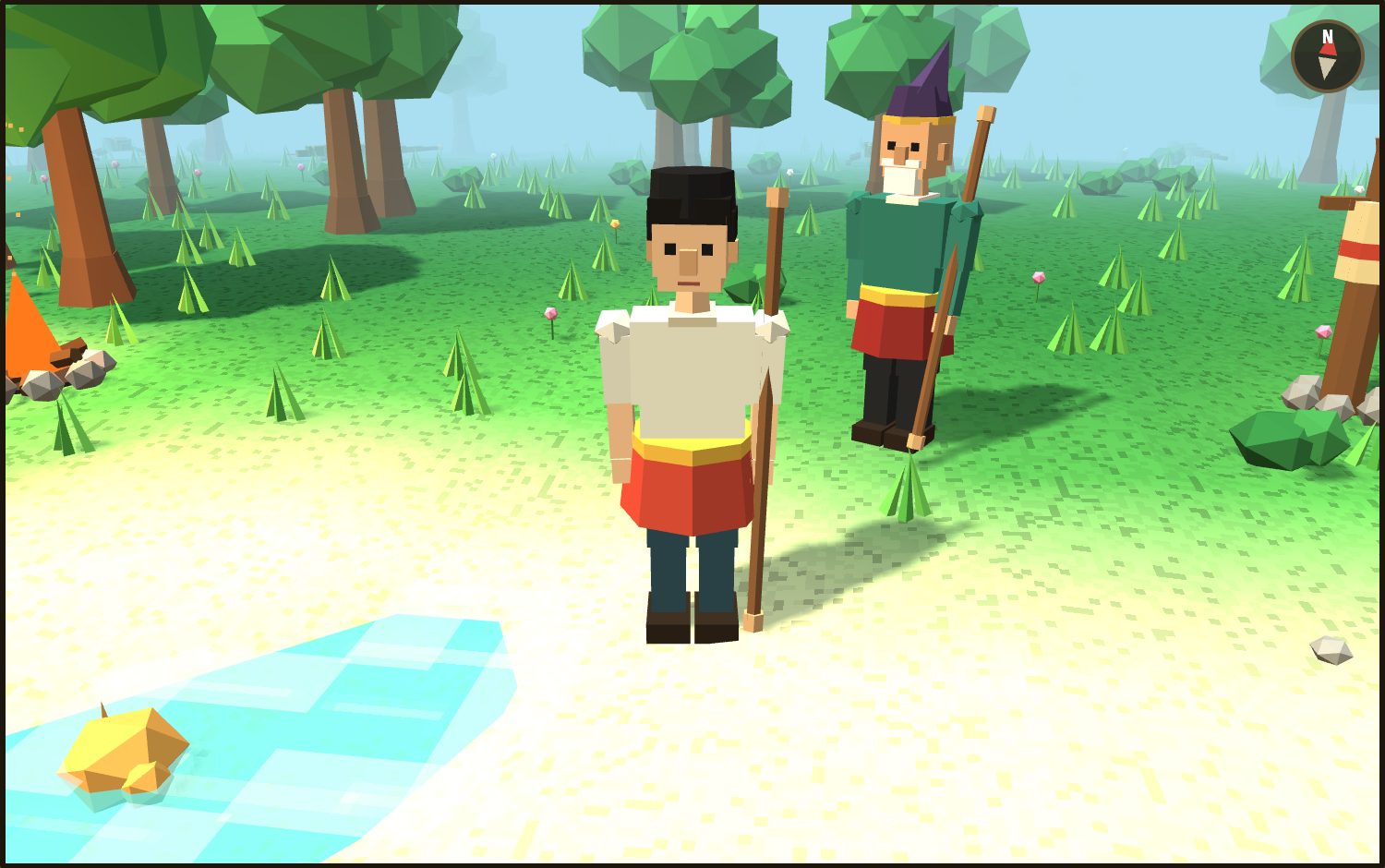 Close-up of the player character in a black songkok, white top, red sarong with a gold band and dark trousers, holding a wooden staff, with Guru standing behind on the sand.