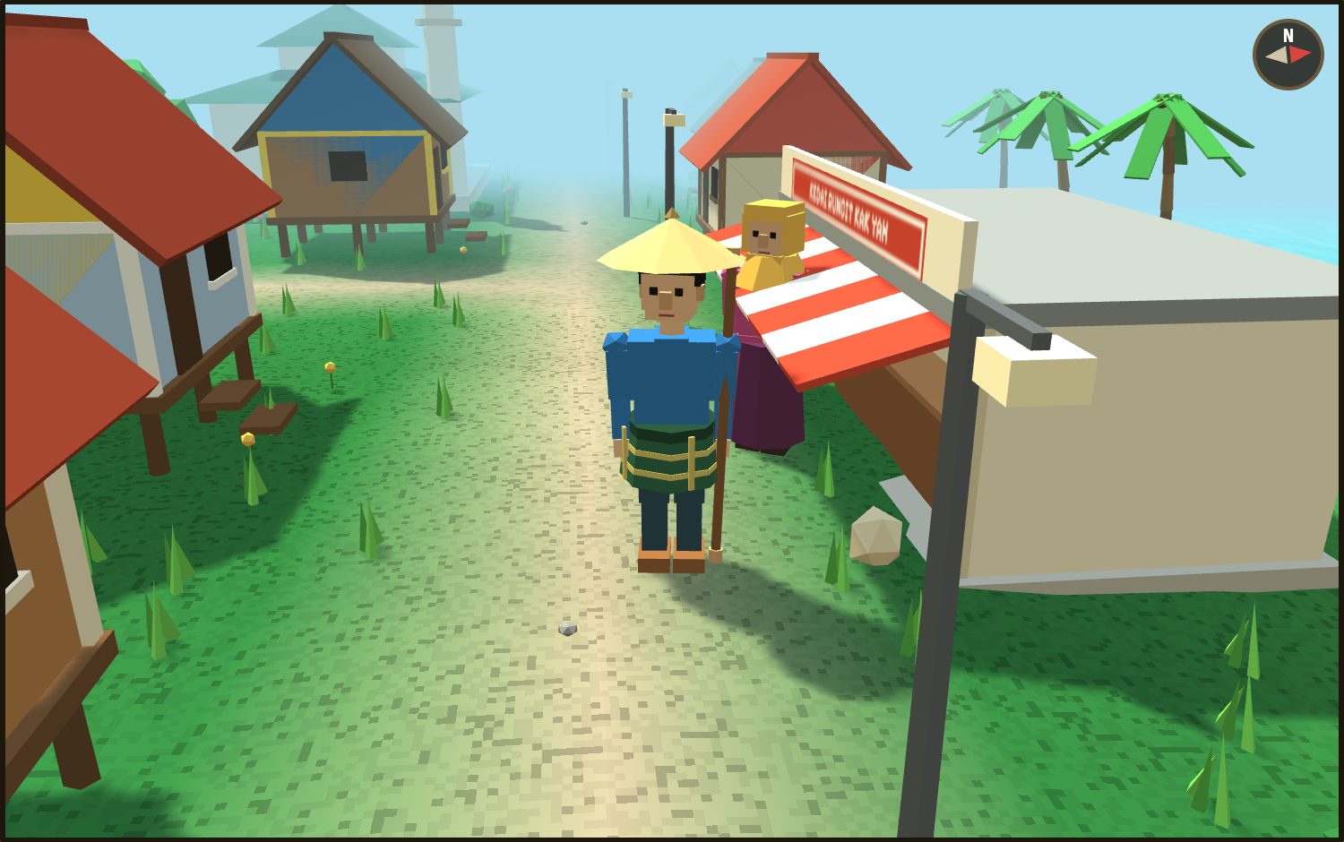 The player on the village road in a conical straw hat, a blue baju Melayu and a green checked sarong, standing beside Kak Yah in her yellow headscarf in front of her shop's red and white awning, with stilt houses and the mosque behind.
