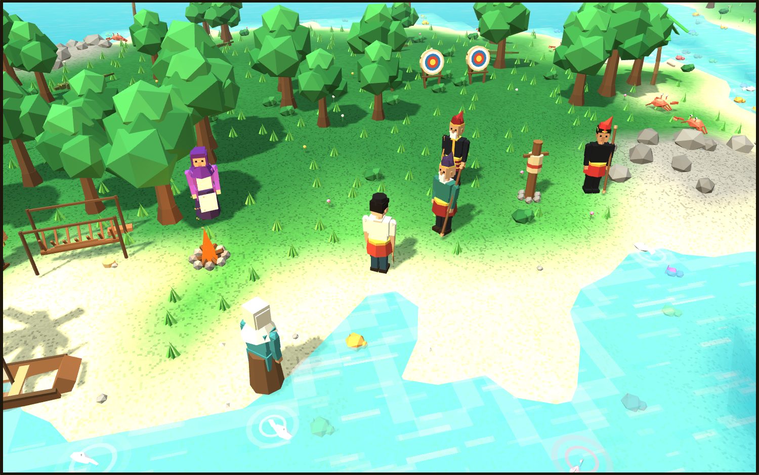 Low-poly 3D view of a beach: the player in a white top and red sarong stands by a campfire, Guru in a tall purple headcloth holds a staff, with the boatyard, a training post, jungle trees and turquoise shallows around them.