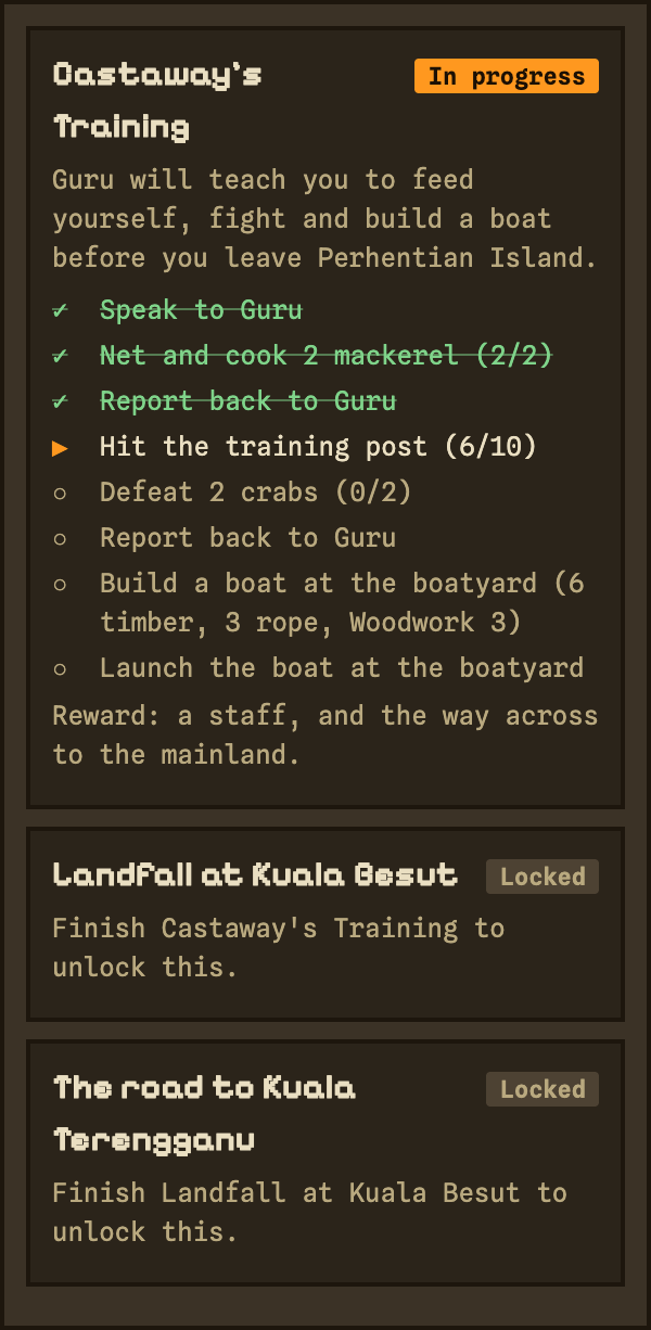The in-game Quests tab: Castaway's Training in progress with three steps ticked and 'Hit the training post (6/10)' active; Landfall at Kuala Besut and The road to Kuala Terengganu are locked below it.